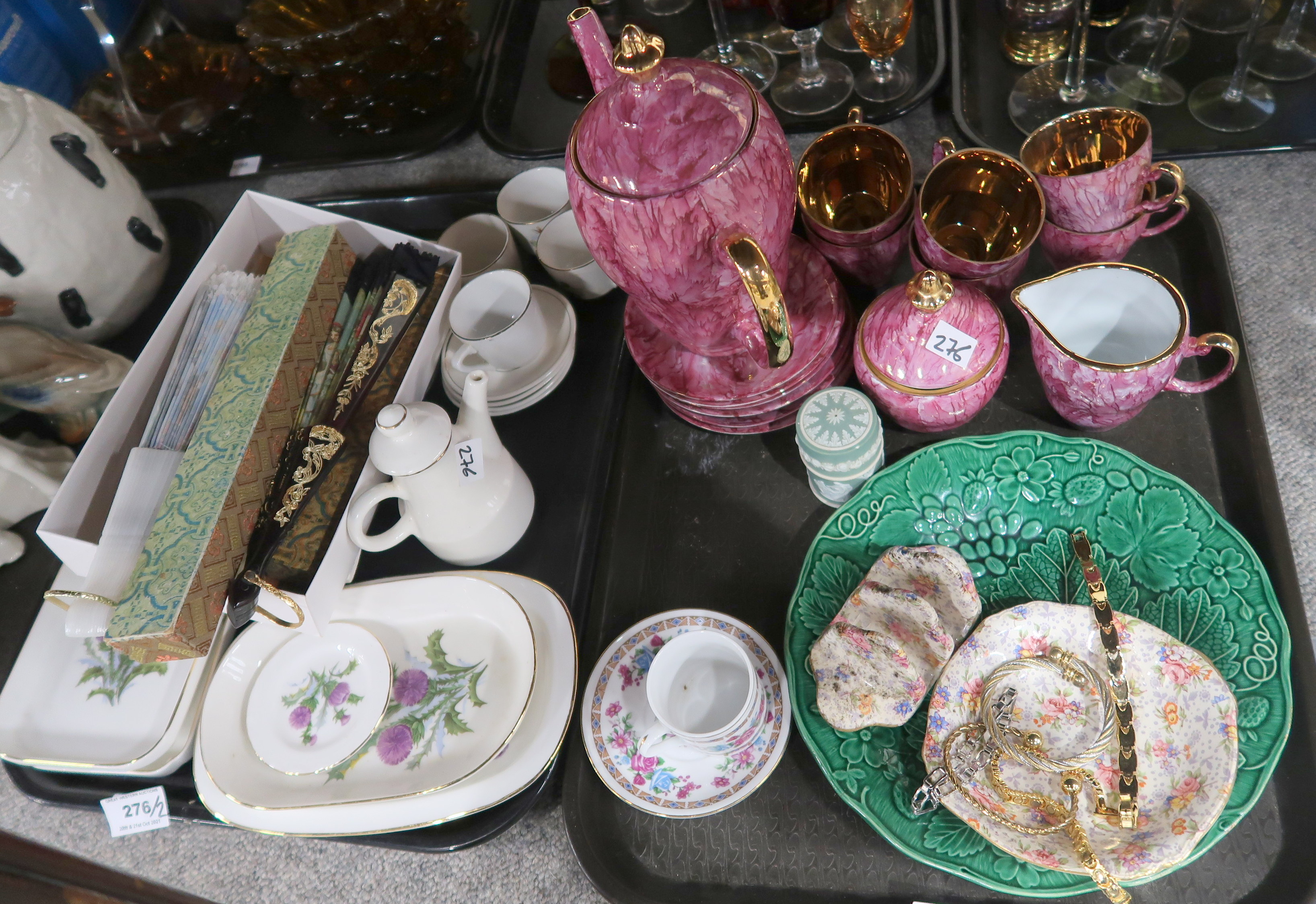 A pink ground polish coffee service, Royal Winton Eleanor dish and toast rack, assorted fans,