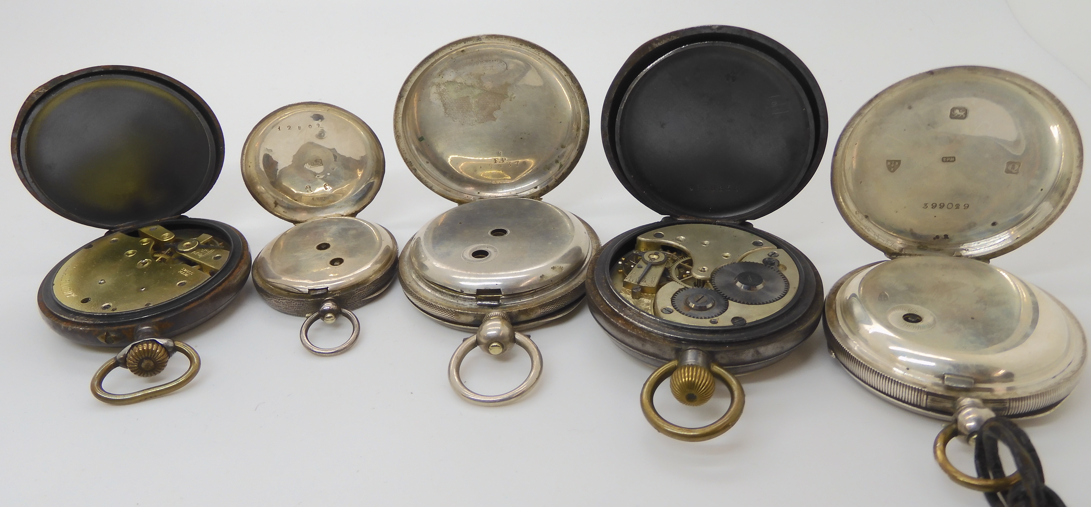 Two silver pocket watches, a silver fob watch and two in base metal all (af) Condition Report: Not - Image 2 of 3