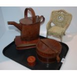 A tray lot including watering can, miniature whicker chair, stud box etc Condition Report: Available