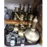 A selection of brass candlesticks, Benares brass and pewter tankards Condition Report: Not available