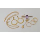 A collection of 9ct gold and yellow metal items, wedding ring size O1/2, curb chain 46cm, earrings