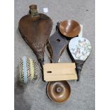 A selection of wooden items including handpainted bellows, two other examples, trinket boxes, yew
