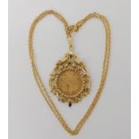 An 1874 gold shield back half sovereign in 9ct pendant mount, with 9ct chain, length 50cm, weight