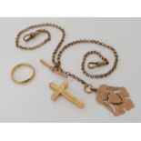 A 9ct watch chain, length to 'T' bar, 40cm, a German 8ct gold wedding ring size O, and a (af) cross,
