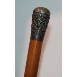 A white-metal mounted walking cane, swagger stick, bed pan (af) and a parasol (4) Condition