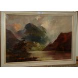 JOEL OWEN Loch before a mountainous landscape, signed, oil on canvas, dated, 1927 50 x 75cm