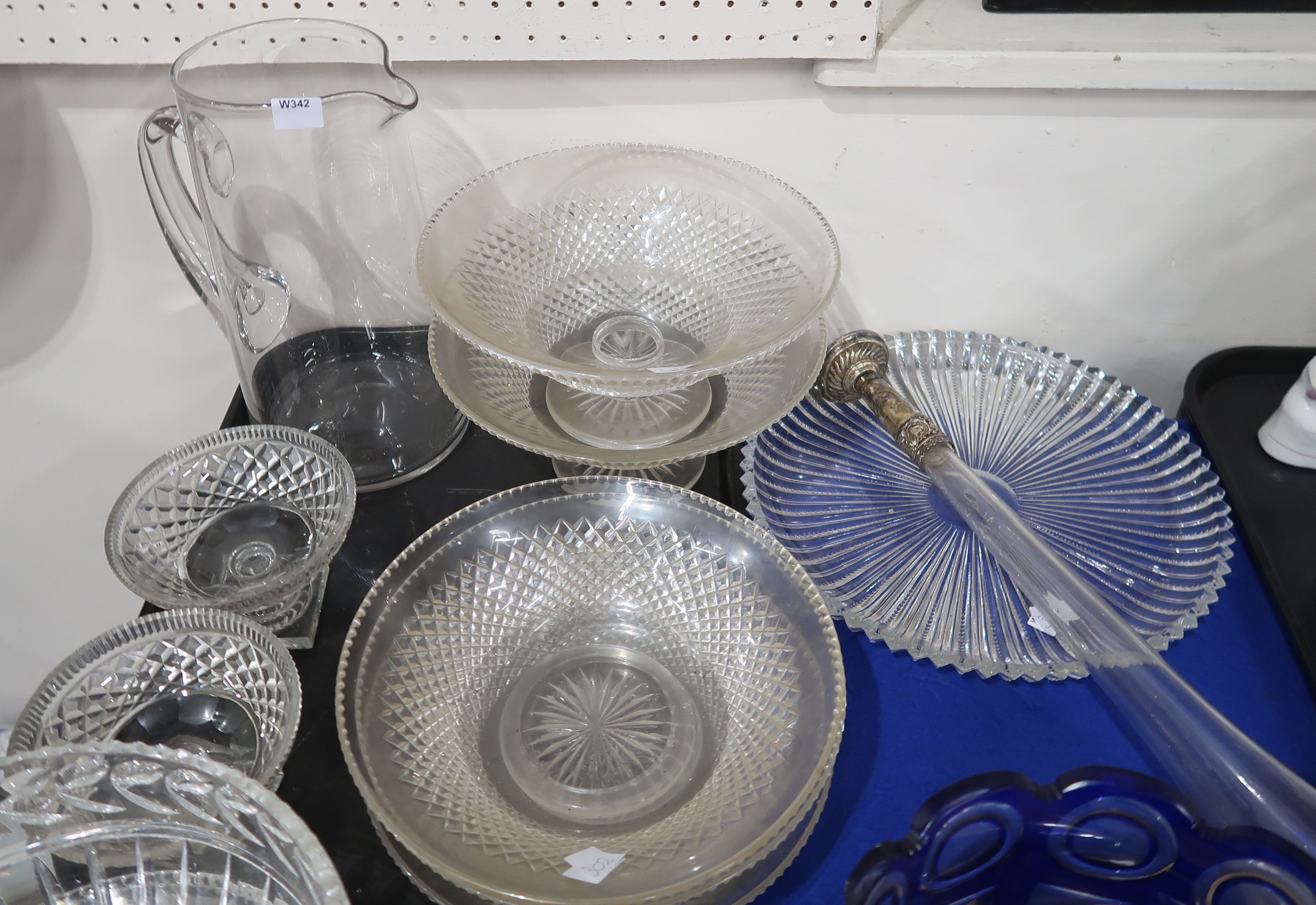 Assorted cut glass and crystal serving plates, bowls, a blue glass footed bowl, two triple ring neck - Image 2 of 2