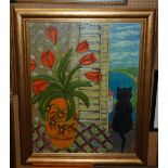 CLIVE SUTTON Still life, with tulips and cat, monogrammed, oil on canvas, 74 x 59cm Condition