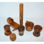 Seven various items of Mauchline ware including needle case, money bank etc Condition Report: