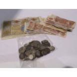 A lot comprising a quantity of pre '47 GB coins with a quantity of banknotes - Two Bank of