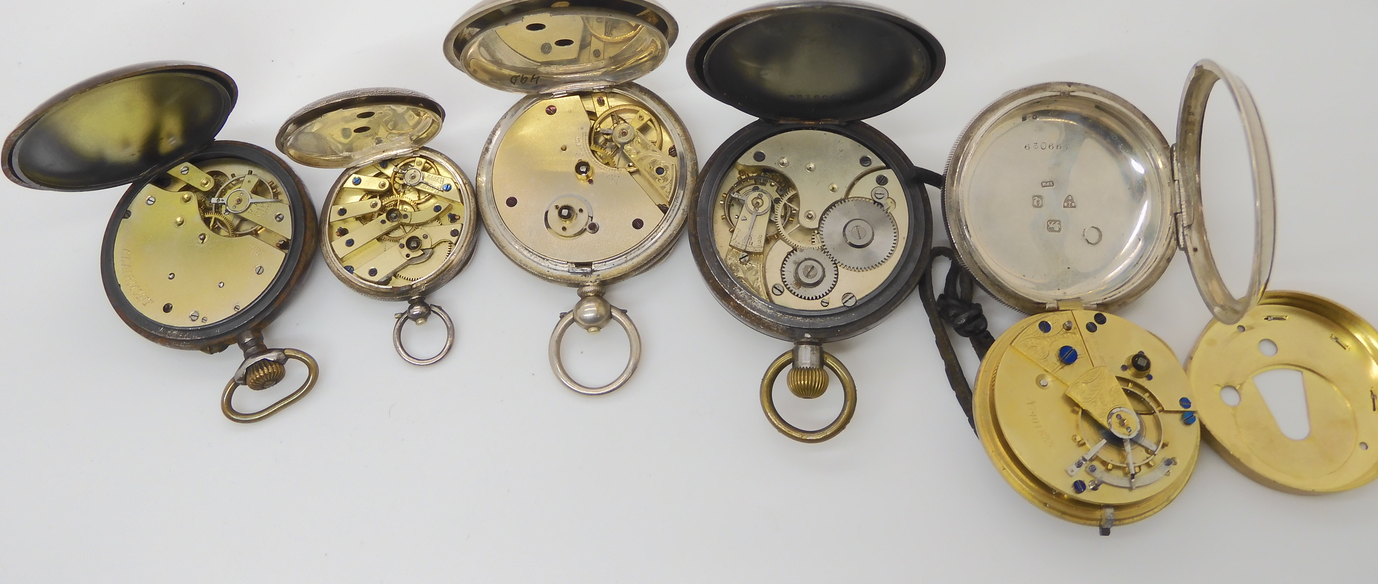 Two silver pocket watches, a silver fob watch and two in base metal all (af) Condition Report: Not - Image 3 of 3