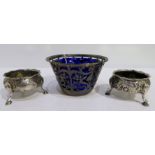 A lot comprising a sugar bowl with blue glass liner Birmingham 1911 & a pair of silver salts