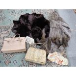 A snakeskin bag, a leather bag, a fur shrug, a fur stole, a beaded purse & an embroidered clutch bag