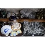 A selection of cut glass and crystal, a floral cake stands, figure of dogs, assorted plates etc