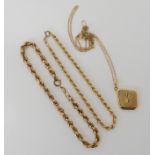 Two 9ct gold rope chain bracelets, and a 9ct back & front locket and chain weight together 9.5gms