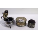 A lot comprising a silver jewellery box, Birmingham 1912, a silver mustard pot & a pin cushion (3)