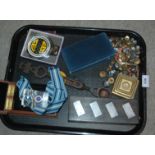A tray lot including military buttons, dominoes, Royal Life Saving Society medallion etc Condition