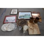 A selection of decorative prints, a carved wooden wall plaque, a Royal Bradwell mug, pewter