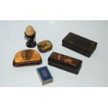 A tortoiseshell snuff mull, another snuff mull, Mauchline ware coin purse Condition Report: