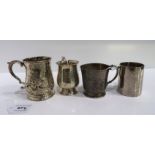 A lot comprising a silver christening mug, London 1794 9.5 cm. high & three others, assorted