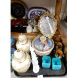 A lot comprising a pair of enamelled brass urns, a studio pottery storage pot, a Willow pattern