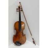 A violin with a one piece back 36cm together with a bow and case Condition Report: Available upon