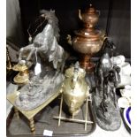 A lot comprising a quantity of brass candlesticks, a pair of spelter marley horses, a brass spirit