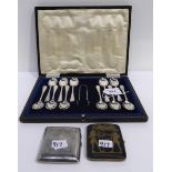 A lot comprising a part set (11) silver teaspoons with tongs, a silver cigarette case & a gilt metal