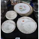 A lot comprising three floral and gilt decorated baskets & Pasco German porcelain bird plates
