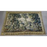 AN AUBUSSON VERDURE TAPESTRY woven in coloured wools of an extensive landscape, with two stork in