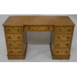 A VICTORIAN BEECH TWIN PEDESTAL WRITING DESK with central drawer flanked by two banks of four