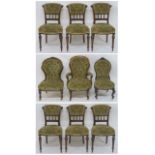 A VICTORIAN SET OF NINE WALNUT PARLOUR CHAIRS with valour upholstered covers, shaped and scroll