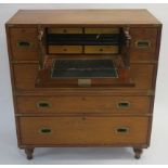 A VICTORIAN TEAK MILITARY CAMPAIGN SECRETAIRE CHEST the twin section fitted with brass corner