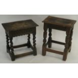 TWO OAK JOINED STOOLS with carved aprons on turned baluster and spiral legs, joined by a