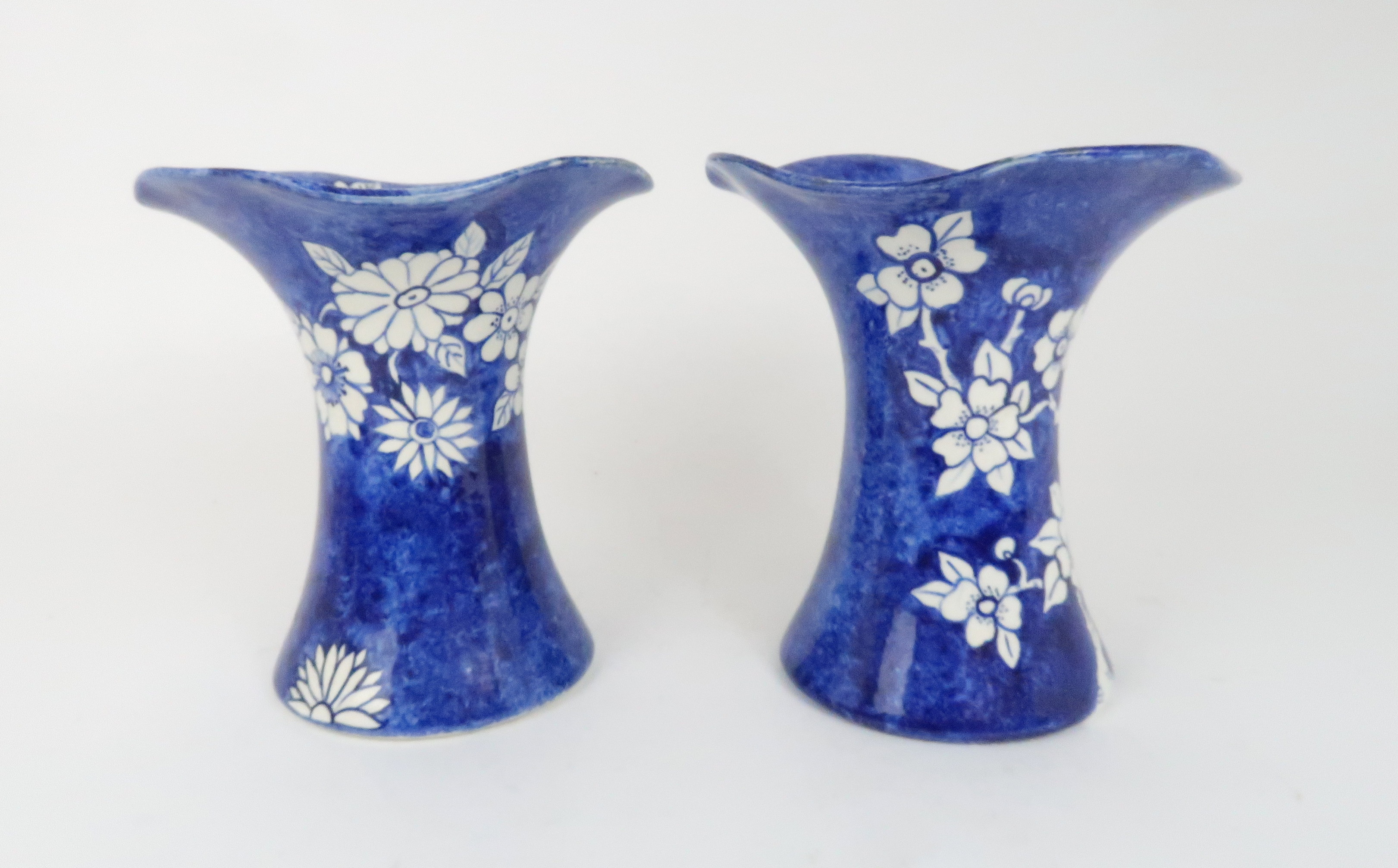 A PAIR OF FIFE POTTERY VASES of Lady Eva shape painted in blue on white ground with prunus branches, - Image 3 of 7