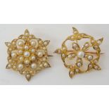 TWO BRIGHT YELLOW METAL PEARL PENDANT BROOCHES brooch with locket back, has fold down attachment for