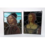 A PAIR OF RENAISSANCE STYLE STAINED, PAINTED AND LEADED GLASS PANELS depicting a lady and gentleman,