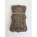 A CHINESE SILVER FILIGREE CARD CASE decorated with a panels of a dragon and birds amongst foliage,