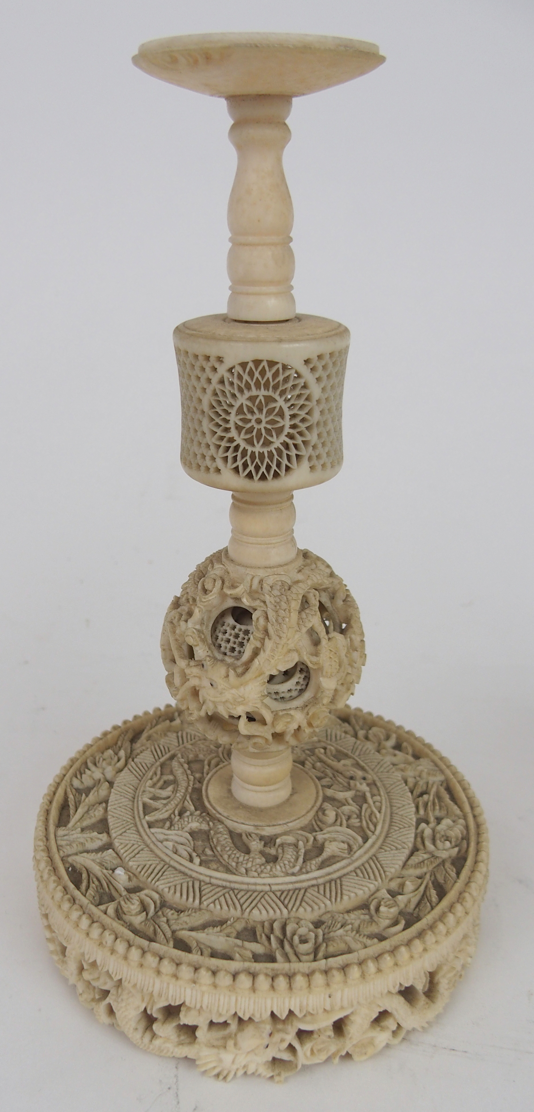 A CHINESE IVORY CONCENTRIC BALL AND A STAND 21.5cm high, a ball carved with foliage, 12cm - Image 3 of 10