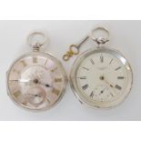 TWO SILVER POCKET WATCHES a John Forrest pocket watch, with an engraved dial, applied yellow metal