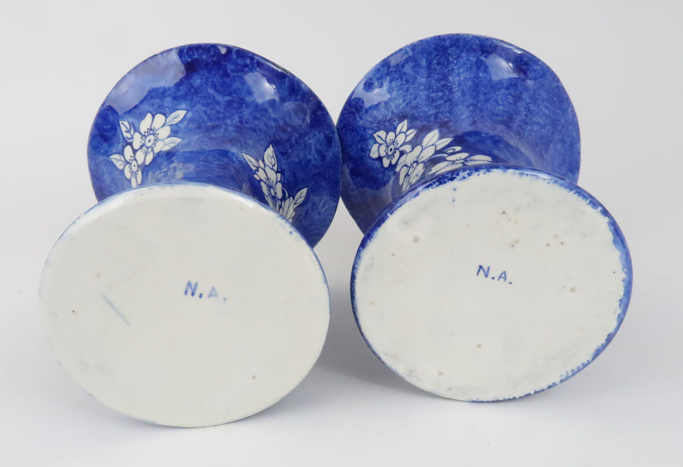 A PAIR OF FIFE POTTERY VASES of Lady Eva shape painted in blue on white ground with prunus branches, - Image 7 of 7