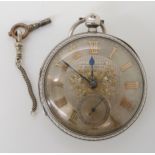 A SILVER OPEN FACE POCKET WATCH with engine turned silver dial with, applied yellow metal Roman