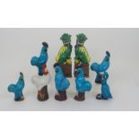 NINE VARIOUS CHINESE ANIMALS comprising; two pairsof cockerels, 20cm high, white cockerel, 20cm