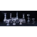 A COLLECTION OF ANTIQUE GLASSWARE including two lace makers lamps, a pair of lemon squeezer