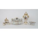 A GERMAN PORCELAIN URN painted with cartouches of courting couples with gilded moulded swag