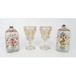 A PAIR OF CONTINENTAL GLASS GOBLETS with gilt decoration, 16cm high, together with a pair of