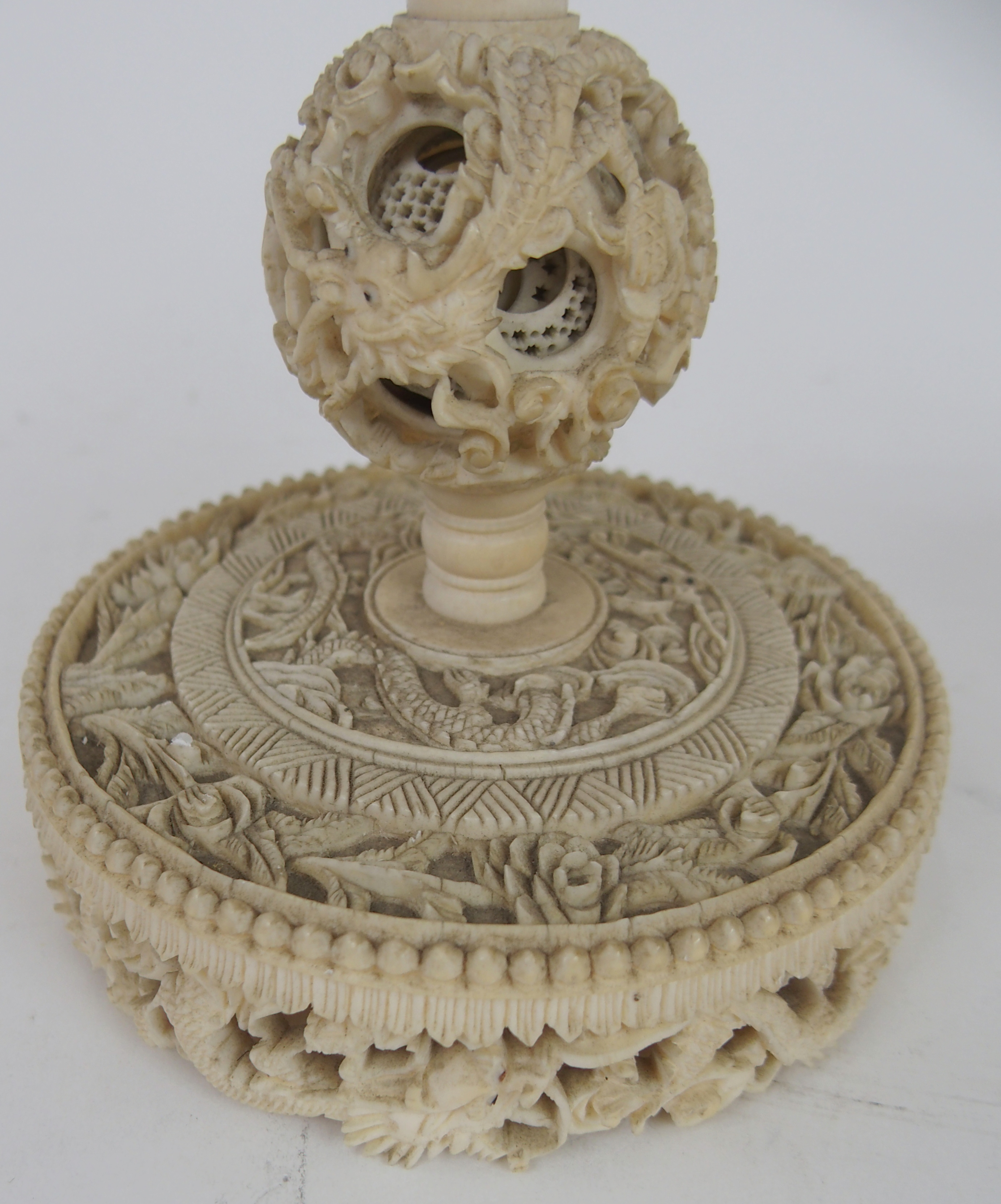 A CHINESE IVORY CONCENTRIC BALL AND A STAND 21.5cm high, a ball carved with foliage, 12cm - Image 4 of 10
