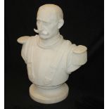 A MARBLE BUST OF A MOUSTACHED FRENCH ARMY OFFICER possibly Calvary, modelled wearing a