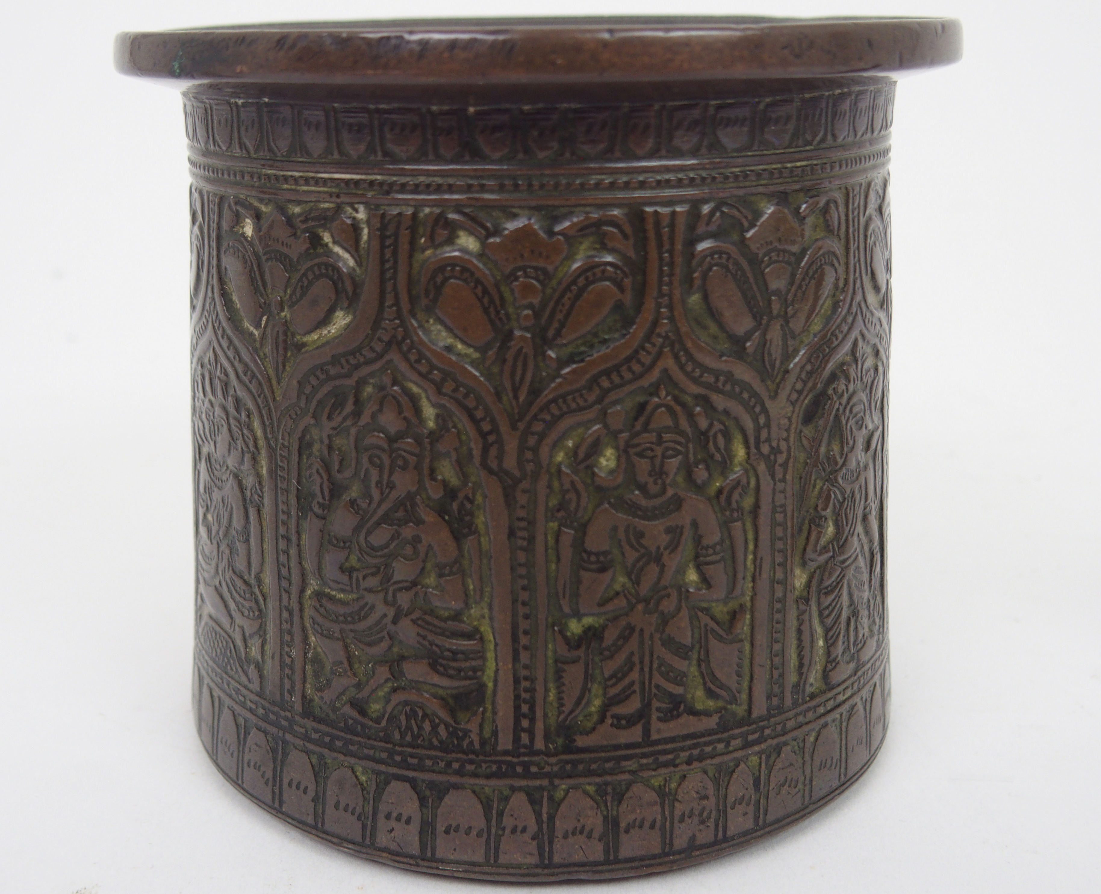 AN INDIAN BRONZE VASE cast with panels of deities within arched niches and within stiff leaf - Image 3 of 7