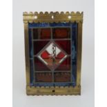 A LEADED COLOURED GLASS HALL LIGHT with star cut detail to the clear panels, and gilt metal
